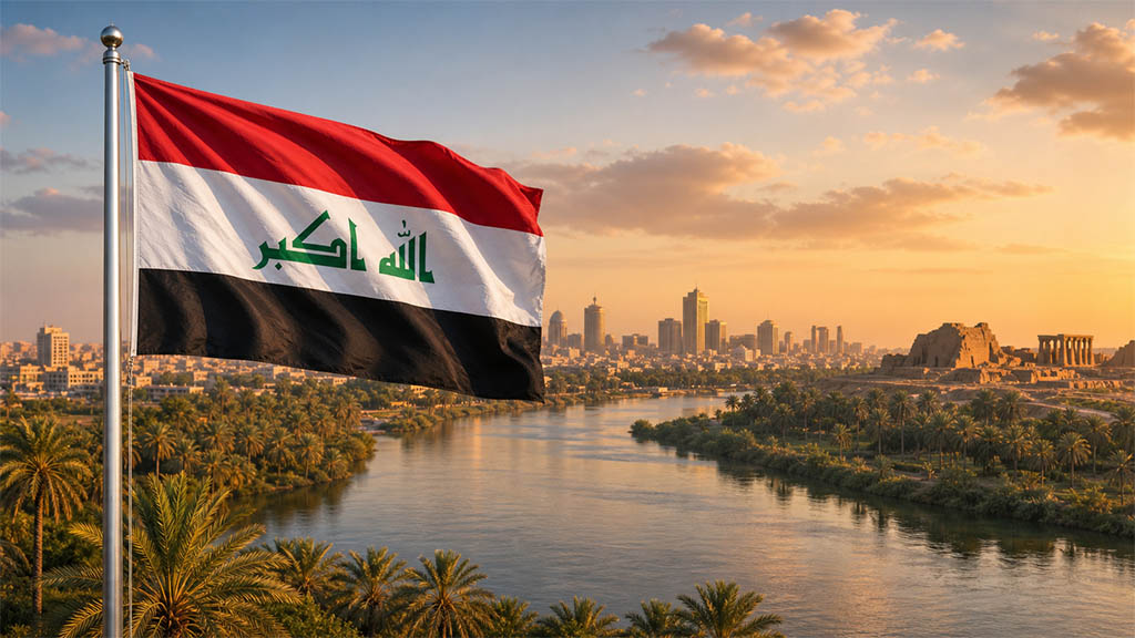 Flagge des Irak vor einer Dattelpalmenlandschaft am Euphrat, der Skyline von Bagdad mit dem Tigris und historischen Ruinen Mesopotamiens in warmer Abendstimmung.