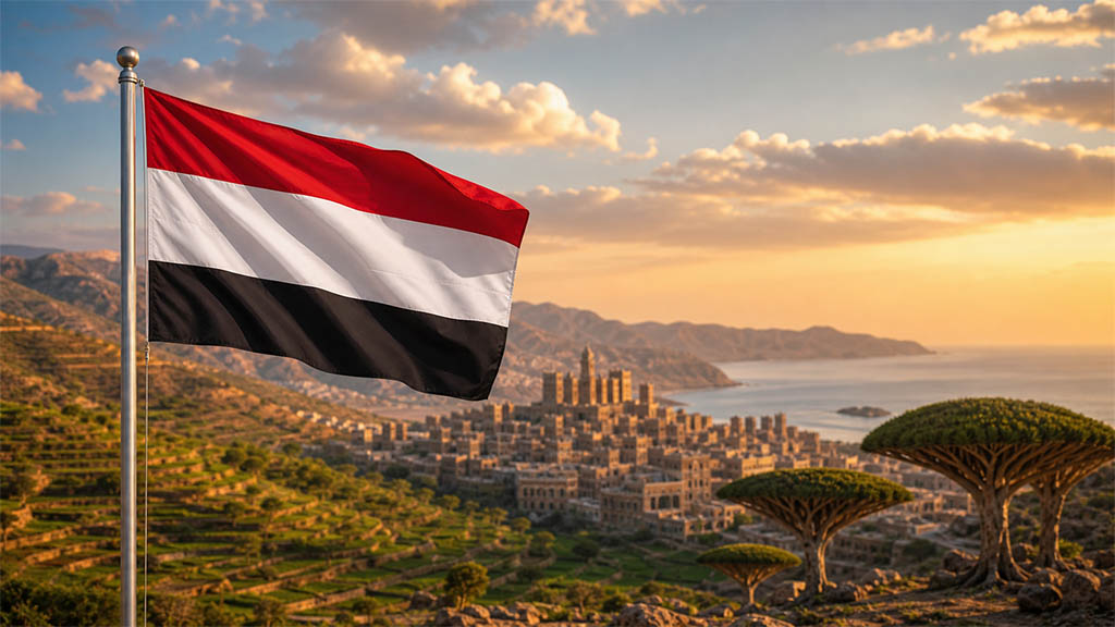 Flagge des Jemen vor den Terrassenlandschaften des Hochlands, der Altstadt von Sanaa sowie den Drachenblutbäumen der Insel Sokotra und der Küste des Arabischen Meeres in warmer Abendstimmung.