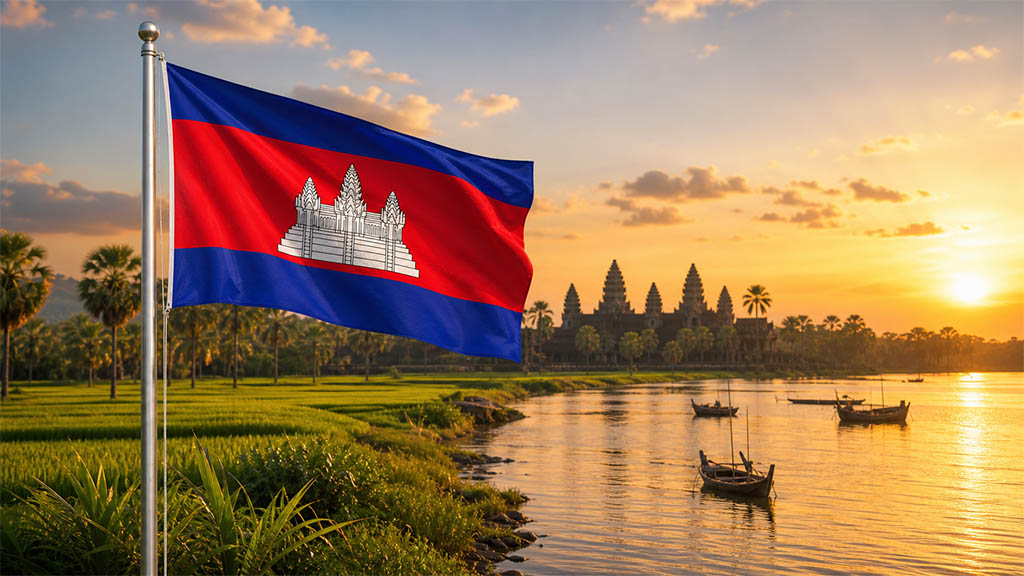 Flagge Kambodschas vor tropischen Palmen, Angkor Wat und dem Tonle-Sap-See mit traditionellen Fischerbooten in warmer Abendstimmung.