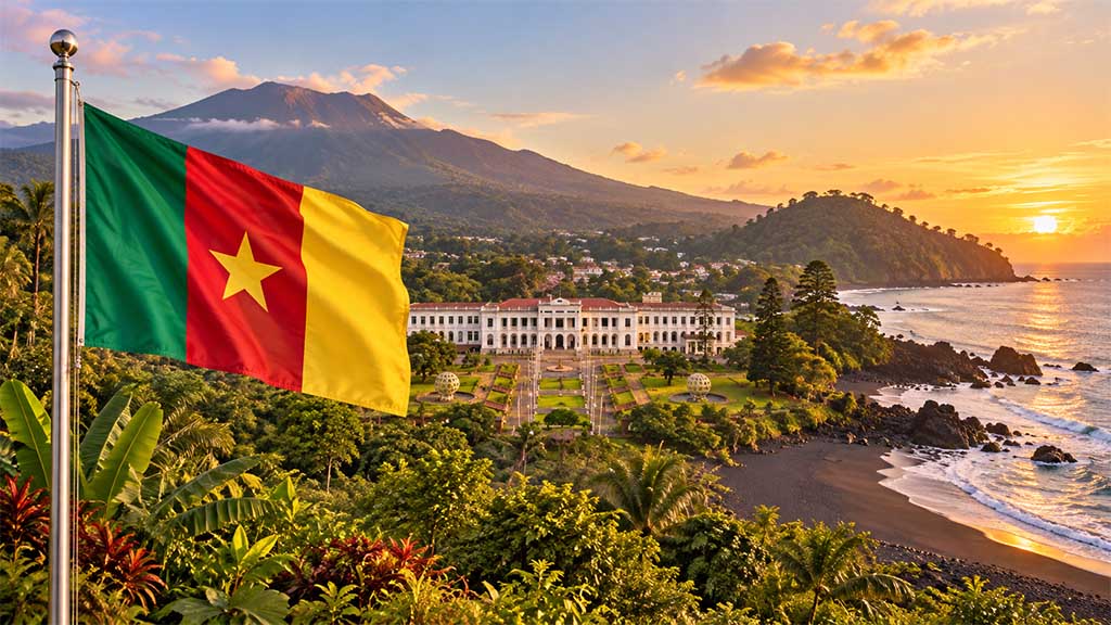 Kamerun Flagge im Vordergrund vor Mount Cameroon, Nationalmuseum von Yaoundé und tropischer Küstenlandschaft von Limbe mit Atlantik bei stimmungsvoller Golden Hour.