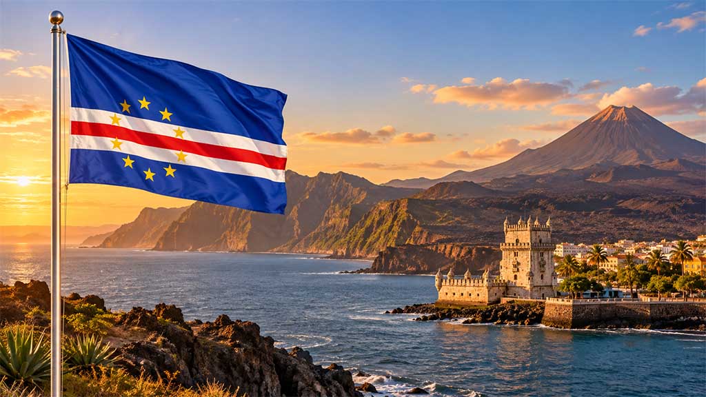 Kap Verde Flagge im Vordergrund vor den Vulkanlandschaften von Santo Antão, dem Torre de Belém in Praia und dem markanten Pico do Fogo bei stimmungsvoller Golden Hour.