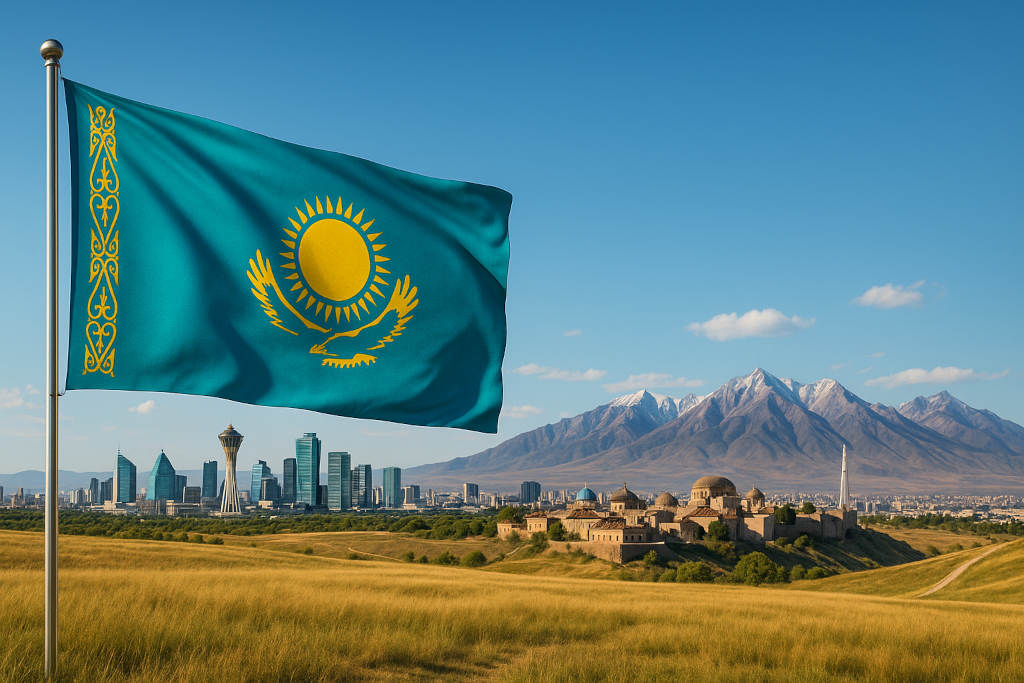 Kasachische Flagge am vollständig sichtbaren Mast vor einer harmonischen Landschaft mit goldener Steppe, moderner Skyline von Astana, traditioneller Architektur und dem schneebedeckten Tian-Shan-Gebirge im Hintergrund unter klarem blauem Himmel.