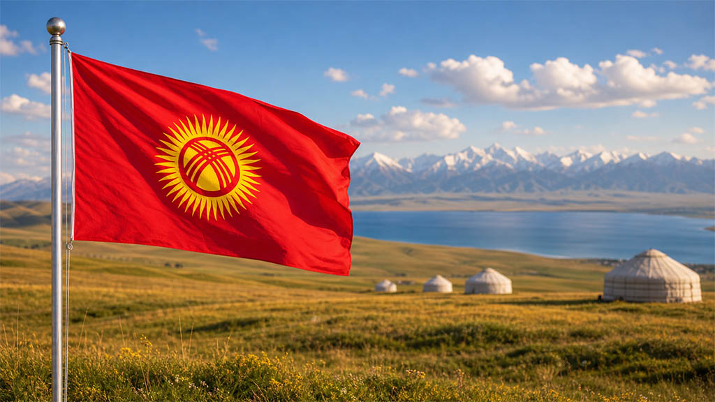 Flagge Kirgisistans vor Almwiesen mit traditionellen Jurten, dem Tian-Shan-Gebirge und dem Yssykköl bei goldenem Morgenlicht. Flagge Kirgisistans vor Almwiesen mit traditionellen Jurten, dem Tian-Shan-Gebirge und dem Yssykköl bei goldenem Morgenlicht.