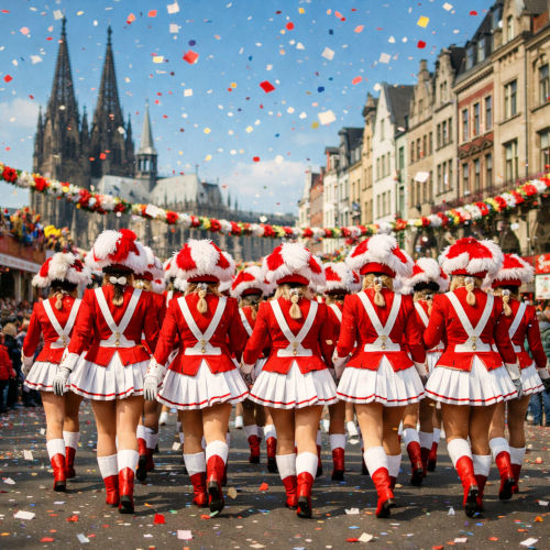 Gruppe von Funkemariechen in rot‑weißen Uniformen, von hinten aus der Ferne auf einem Rosenmontagszug in Köln, Konfetti in der Luft, festlich geschmückte Straße mit Altstadtfassaden und Blick auf den Kölner Dom und lebendige Karnevalsstimmung. Gruppe von Funkemariechen in rot‑weißen Uniformen, von hinten aus der Ferne auf einem Rosenmontagszug in Köln, Konfetti in der Luft, festlich geschmückte Straße mit Altstadtfassaden und Blick auf den Kölner Dom und lebendige Karnevalsstimmung.