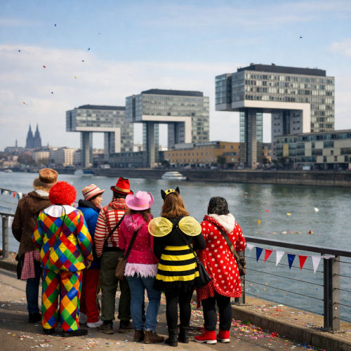 Kleine Gruppe kostümierter Menschen von hinten am Rheinufer in Köln, Blick auf die Kranhäuser im Rheinauhafen, bunte Karnevalskostüme und Konfetti auf dem Boden, ruhiger Rhein im Vordergrund und städtische Kulisse bei Tageslicht. Kleine Gruppe kostümierter Menschen von hinten am Rheinufer in Köln, Blick auf die Kranhäuser im Rheinauhafen, bunte Karnevalskostüme und Konfetti auf dem Boden, ruhiger Rhein im Vordergrund und städtische Kulisse bei Tageslicht.