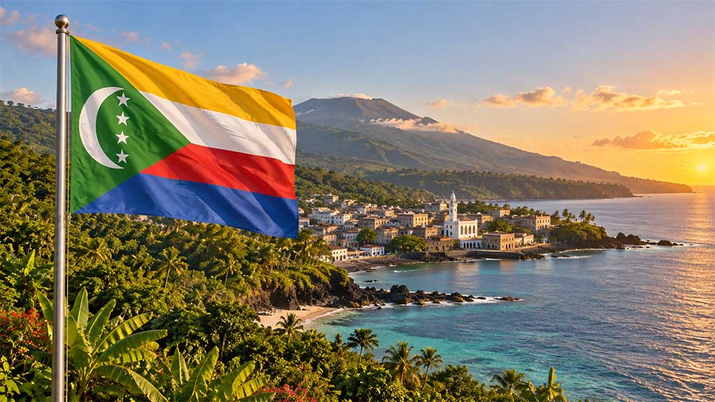 Komoren Flagge im Vordergrund vor dem Vulkan Karthala, der historischen Medina von Moroni und einer tropischen Küste am türkisfarbenen Indischen Ozean bei Golden-Hour-Licht.