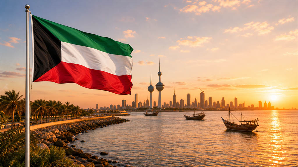 Flagge Kuwaits vor der Küstenpromenade am Persischen Golf, den Kuwait Towers, der Skyline von Kuwait-Stadt und traditionellen Dhaus in warmer Abendstimmung.