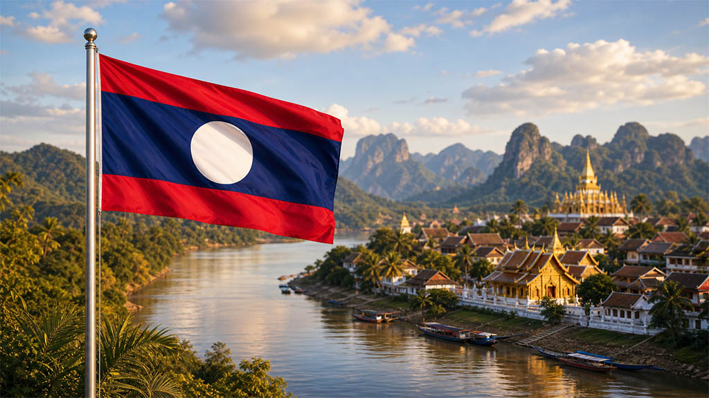 Flagge von Laos vor dem Mekong, der UNESCO-Welterbestadt Luang Prabang mit buddhistischen Tempeln und kolonialer Architektur sowie den Karstbergen von Vang Vieng in warmer Abendstimmung. Flagge von Laos vor dem Mekong, der UNESCO-Welterbestadt Luang Prabang mit buddhistischen Tempeln und kolonialer Architektur sowie den Karstbergen von Vang Vieng in warmer Abendstimmung.