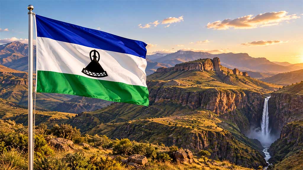 Flagge von Lesotho am Fahnenmast vor den Maloti Mountains, dem historischen Thaba Bosiu und dem beeindruckenden Maletsunyane-Wasserfall im warmen Abendlicht.