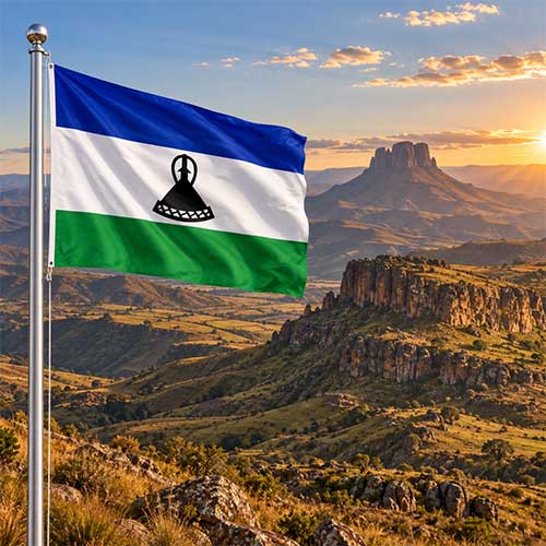 Nationalflagge von Lesotho am silbernen Fahnenmast vor der beeindruckenden Berglandschaft mit Qiloane Mountain und Thaba Bosiu bei warmem Golden-Hour-Licht.