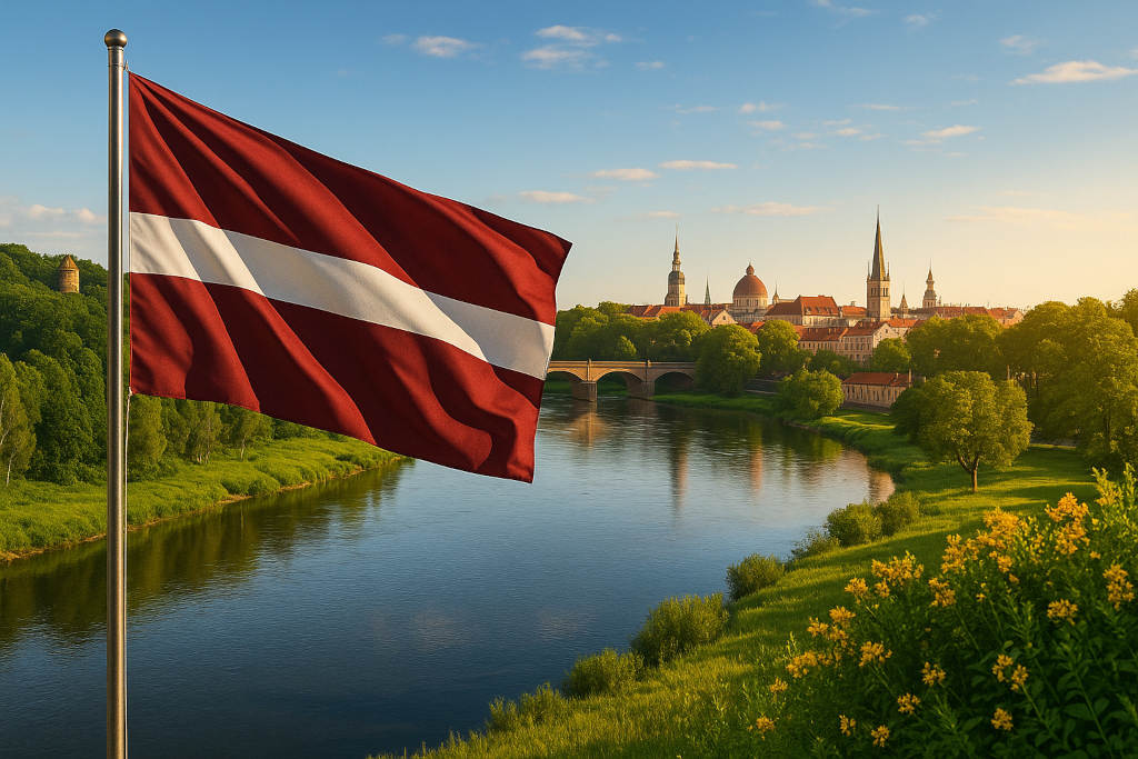Lettische Flagge am vollständig sichtbaren Mast vor einer harmonischen Flusslandschaft mit grünen Uferwäldern, historischer Skyline von Riga mit Kirchtürmen und Brücke, im warmen Licht eines klaren Himmels.