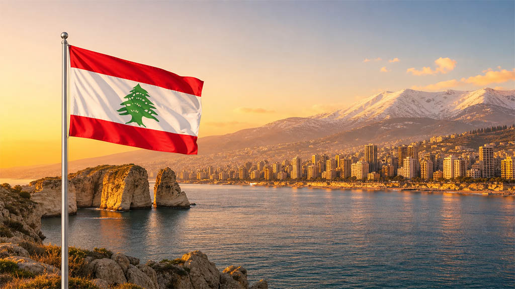 Flagge des Libanon vor den Taubenfelsen von Raouché, der Skyline von Beirut und dem schneebedeckten Libanongebirge mit Zedernwäldern in warmer Abendstimmung am Mittelmeer.