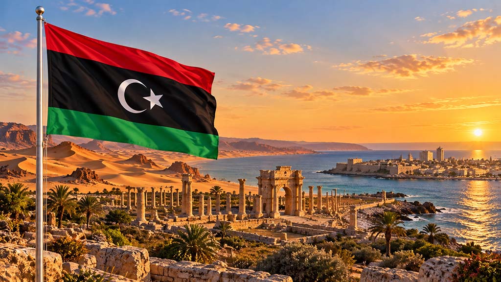 Libysche Nationalflagge am Fahnenmast vor den Sanddünen des Erg Ubari, den antiken Ruinen von Leptis Magna und der mediterranen Küste bei Tripolis. Libysche Nationalflagge am Fahnenmast vor den Sanddünen des Erg Ubari, den antiken Ruinen von Leptis Magna und der mediterranen Küste bei Tripolis.