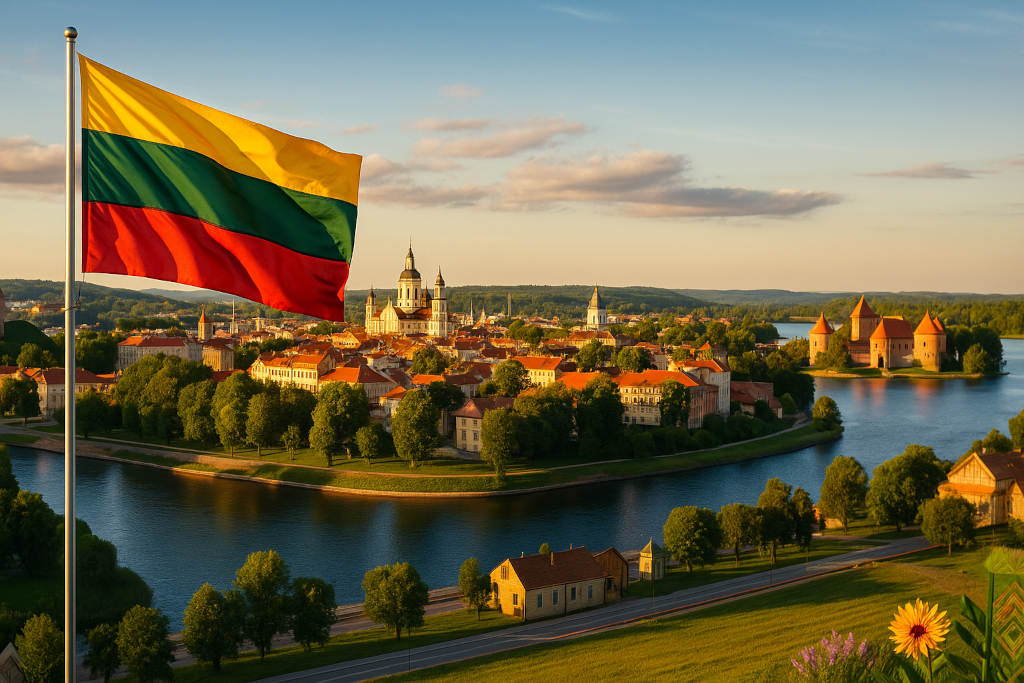 Litauische Nationalflagge am Mast im Vordergrund, dahinter die barocke Altstadt von Vilnius, umgeben von herbstlich gefärbten Bäumen und sanftem Abendlicht.