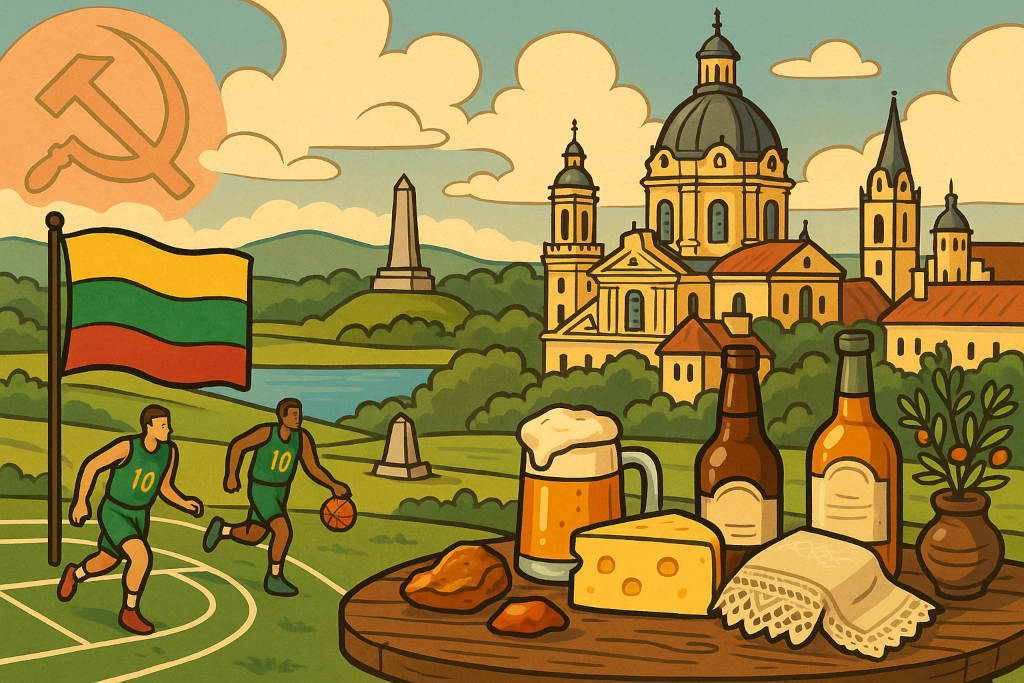 Farbenfrohe Comic-Illustration zu Litauen mit barocken Gebäuden von Vilnius, Basketballfeld, Anspielung auf die Sowjetunion, Mittelpunkt Europas bei Purnuškės sowie Tisch mit Bernstein, Leinenprodukten, Milchprodukten, Bier und Spirituosen.