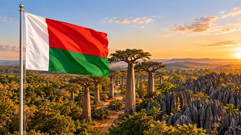 Madagaskar-Flagge am silbernen Fahnenmast vor tropischer Landschaft mit der berühmten Avenue of the Baobabs und den markanten Tsingy-Kalksteinformationen im warmen Golden-Hour-Licht.