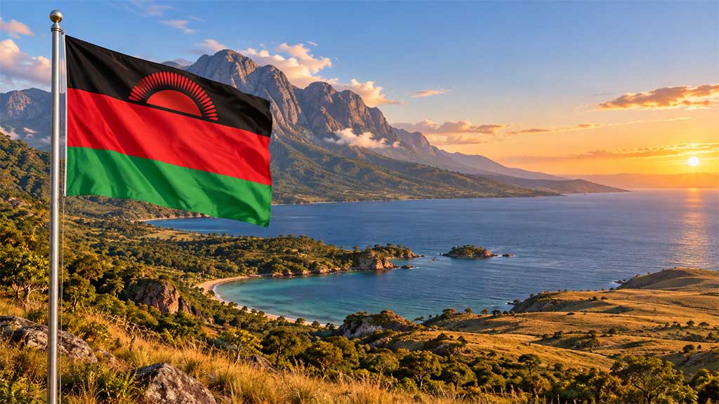 Malawi-Flagge am silbernen Fahnenmast vor dem Mount Mulanje, dem malerischen Lake Malawi und der Landschaft des Nyika-Plateaus im warmen Golden-Hour-Licht.
