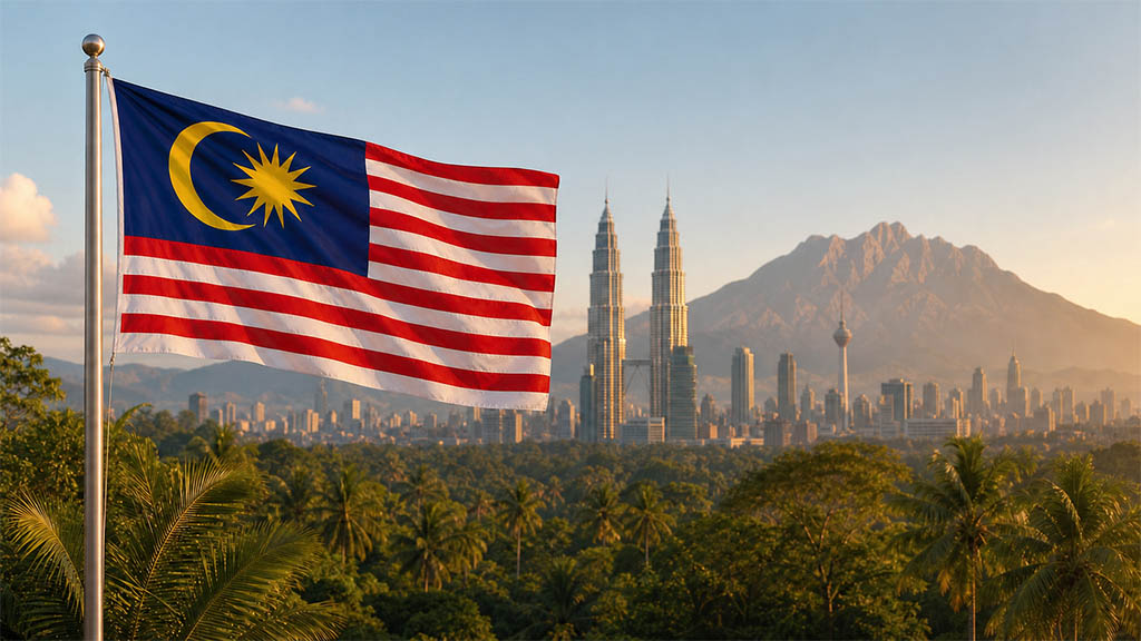 Flagge Malaysias vor tropischem Regenwald, den Petronas Twin Towers, der Skyline von Kuala Lumpur und dem Mount Kinabalu in warmer Abendstimmung.