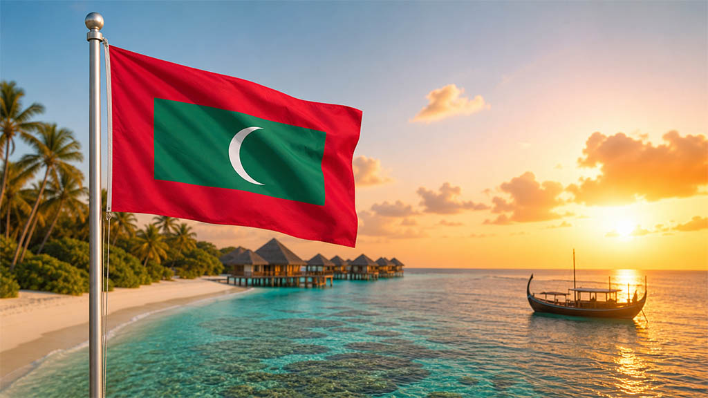 Flagge der Malediven vor weißem Sandstrand, türkisfarbener Lagune mit Wasserbungalows, Korallenriff und traditioneller Dhoni bei Sonnenuntergang im Indischen Ozean.