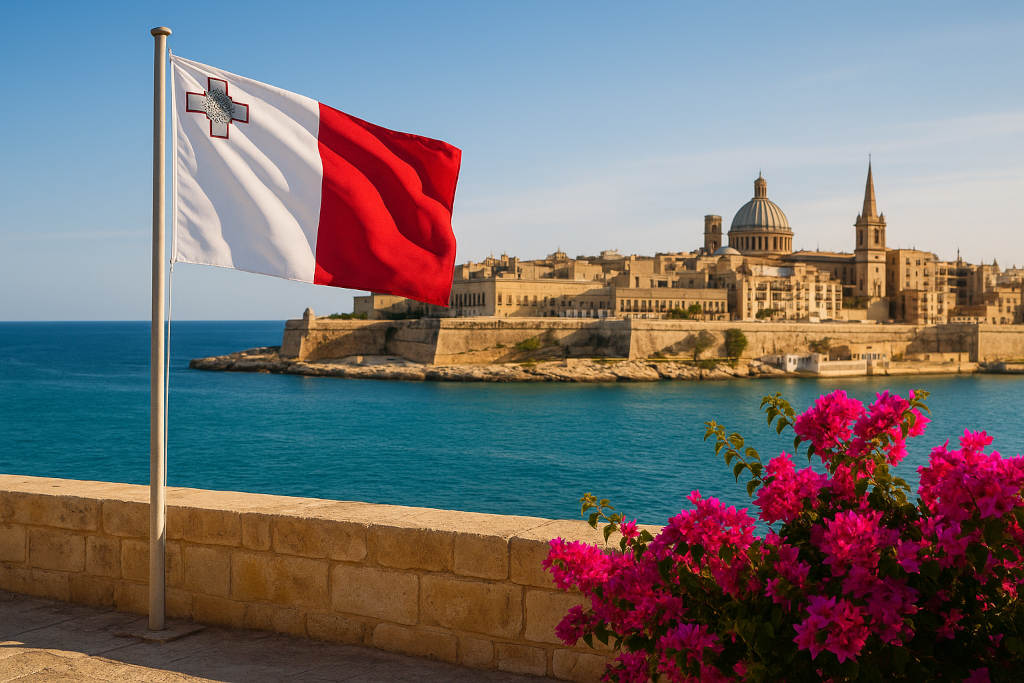 Maltesische Flagge am Mast vor der Skyline von Valletta; im Vordergrund leuchtend pinke Bougainvillea und Olivenbaum, unter strahlend blauem Himmel mit mediterranem Flair.