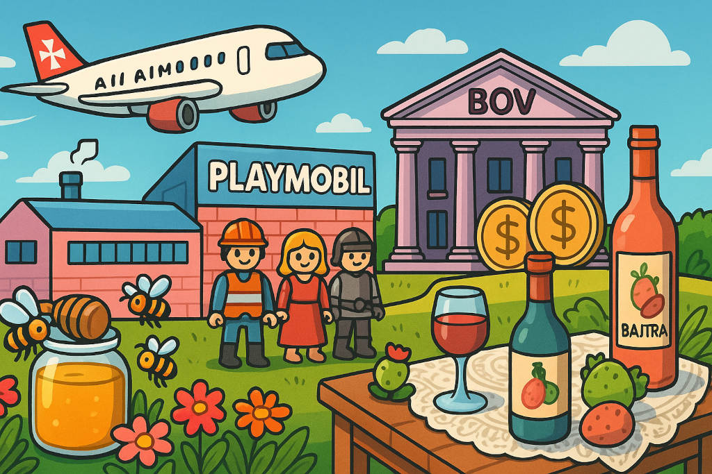 Farbenfrohe 16:9-Comicillustration zu Maltas Exporten und Produkten: Air-Malta-Flugzeug am Himmel, Playmobil-Fabrik mit Figuren, Bank of Valletta mit Münzen, Honigglas mit Bienen und mediterranen Blumen, Tisch mit maltesischer Spitze, darauf Weinflasche, Glas und Bajtra-Likör mit Kaktusfeigen.