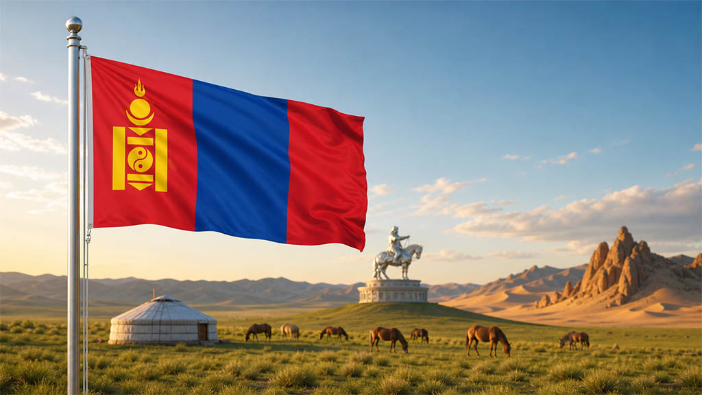 Flagge der Mongolei vor der mongolischen Steppe mit Jurte, dem Dschingis-Khan-Reiterstandbild und der Wüste Gobi in warmer Abendstimmung.