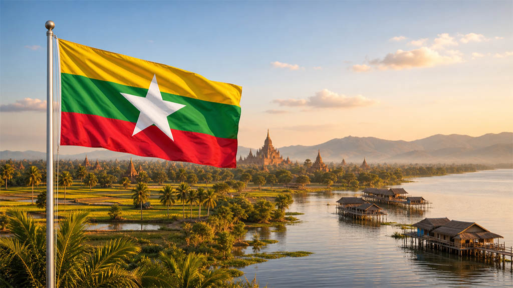 Flagge Myanmars vor tropischen Reisfeldern, den Tempeln von Bagan und dem Inle-See mit Stelzenhäusern und Einbeinruderern in warmer Abendstimmung.
