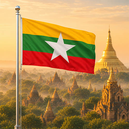 Flagge Myanmars vor den goldenen Pagoden der Tempelstadt Bagan bei Sonnenaufgang mit leichtem Morgennebel und goldenem Morgenlicht.
