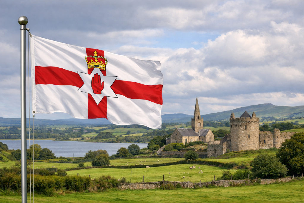 Flagge von Nordirland mit rotem Georgskreuz, roter Hand von Ulster und Krone, links am Fahnenmast wehend, vor grüner Hügellandschaft mit See, historischer Burganlage, Kirche, Weideland mit Schafen und bewölktem Himmel im 16:9‑Format
