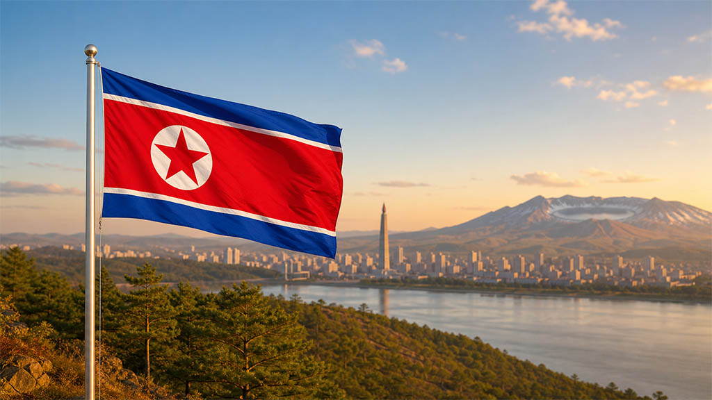 Flagge Nordkoreas vor Kiefernwäldern, dem Juche-Turm und der Skyline von Pjöngjang sowie dem Berg Paektu mit Kratersee in warmer Abendstimmung. Flagge Nordkoreas vor Kiefernwäldern, dem Juche-Turm und der Skyline von Pjöngjang sowie dem Berg Paektu mit Kratersee in warmer Abendstimmung.