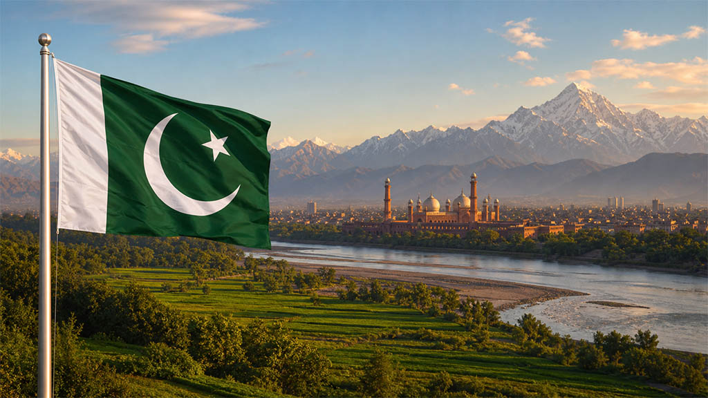 Flagge Pakistans vor den Indus-Flusstälern, der Badshahi-Moschee und der Skyline von Lahore sowie dem Karakorum-Gebirge mit dem K2 in warmer Abendstimmung.