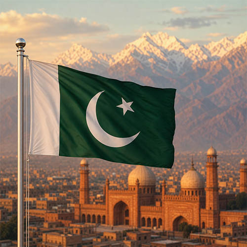 Flagge Pakistans vor der Badshahi-Moschee in Lahore, der historischen Altstadt sowie den Ausläufern von Himalaya und Karakorum in warmer Abendstimmung.