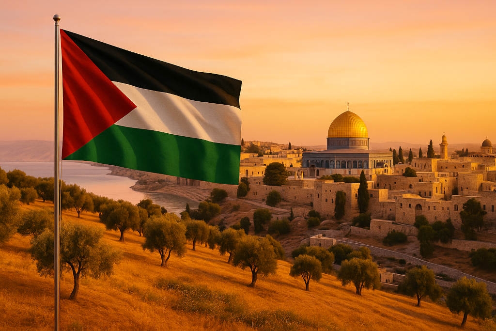 Palästinensische Flagge vor der Altstadt von Jerusalem mit goldenen Kuppeln, Felsendom, Sandsteinhäusern, Olivenhaine und Totem Meer unter warmen Abendlicht.