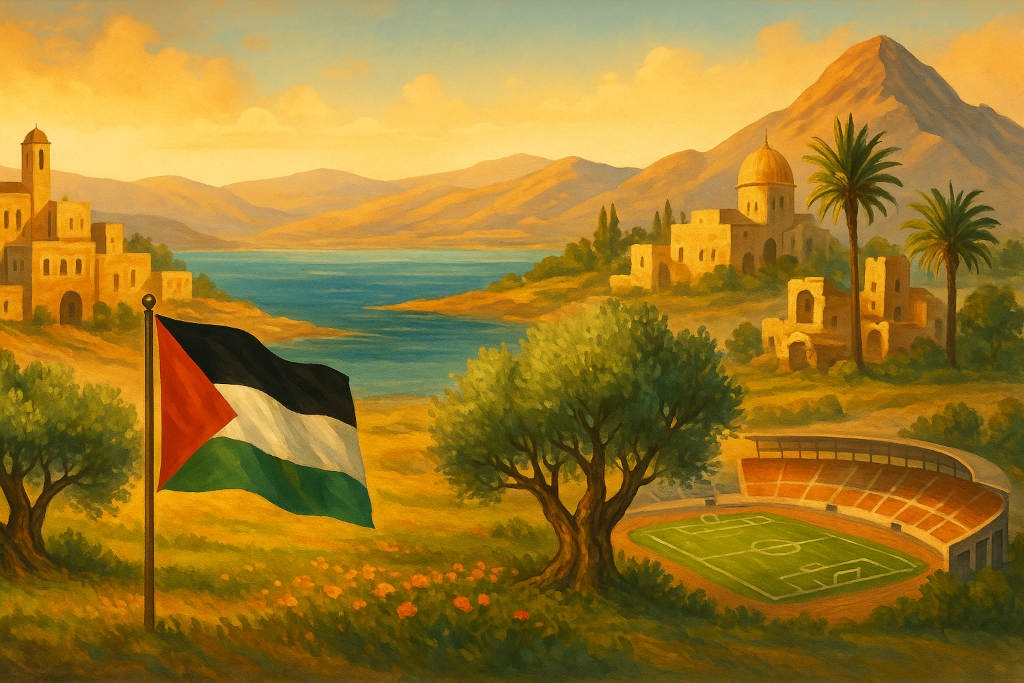 Harmonische Landschaftscollage Palästinas mit Bethlehem und der Geburtskirche, dem Westjordanland und Teilen des schimmernden Toten Meeres, der Oasenstadt Jericho, Olivenbäumen im Vordergrund und einem modernen Fußballstadion, alles in warmen Gold- und Grüntönen unter klarem Himmel.