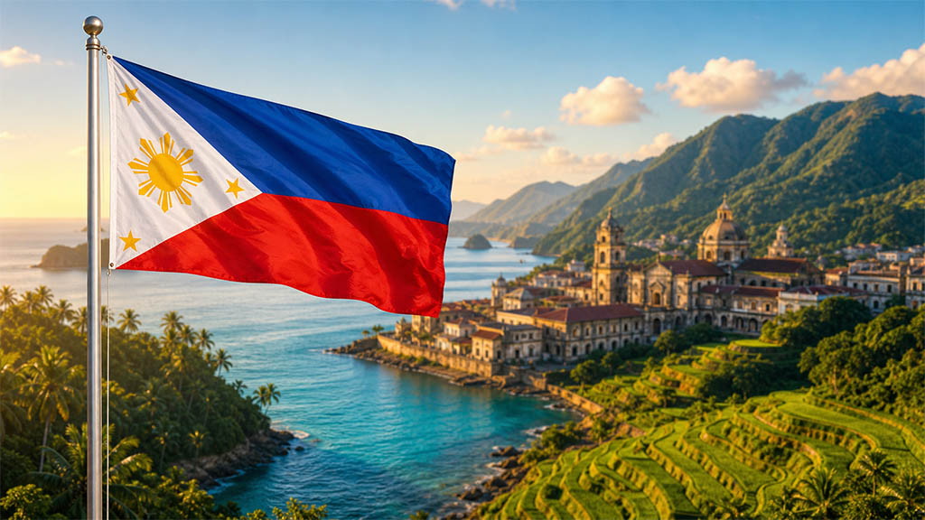 Flagge der Philippinen vor tropischen Palmenstränden, der historischen Altstadt von Manila und den Reisterrassen von Banaue in warmer Abendstimmung. Flagge der Philippinen vor tropischen Palmenstränden, der historischen Altstadt von Manila und den Reisterrassen von Banaue in warmer Abendstimmung.