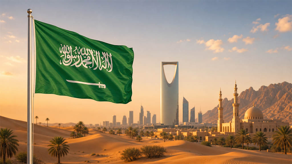 Flagge Saudi-Arabiens vor den Sanddünen der Rub al-Chali, der Skyline von Riad mit dem Kingdom Centre sowie einer traditionellen Moschee und den Bergen des Hedschas in warmer Abendstimmung. Flagge Saudi-Arabiens vor den Sanddünen der Rub al-Chali, der Skyline von Riad mit dem Kingdom Centre sowie einer traditionellen Moschee und den Bergen des Hedschas in warmer Abendstimmung.