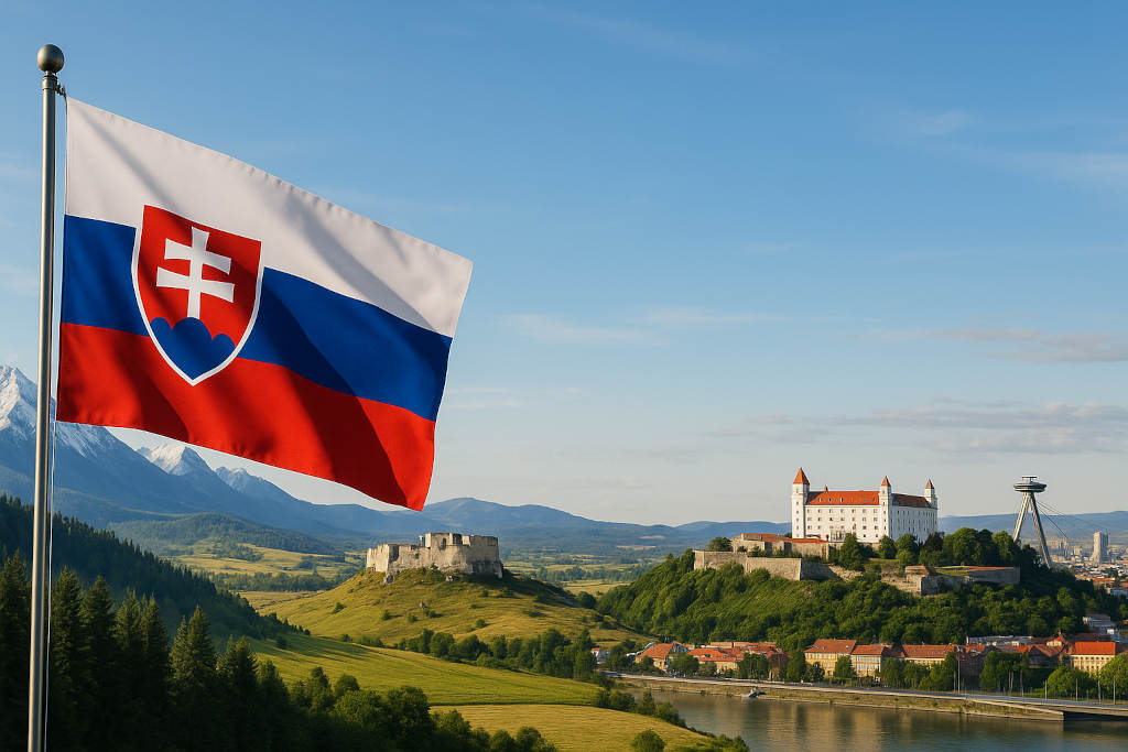Slowakei Flagge am vollständig sichtbaren Fahnenmast vor Hoher Tatra, Zipser Burg und der Skyline von Bratislava bei klarem Himmel.