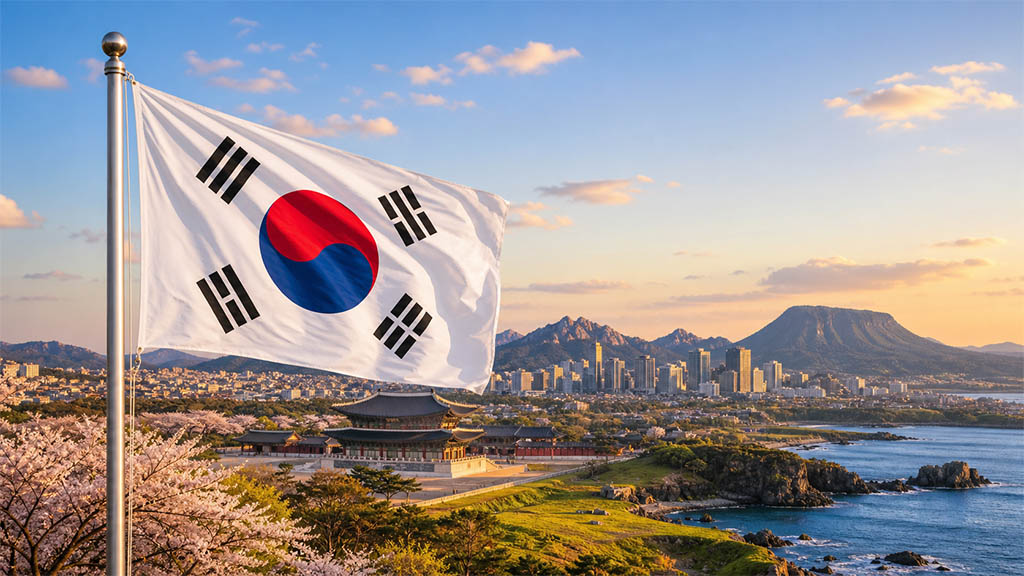 Flagge Südkoreas vor Kirschblütenbäumen, dem Gyeongbokgung-Palast, der Skyline von Seoul und der Vulkanlandschaft der Insel Jeju mit Hallasan in warmer Abendstimmung. Flagge Südkoreas vor Kirschblütenbäumen, dem Gyeongbokgung-Palast, der Skyline von Seoul und der Vulkanlandschaft der Insel Jeju mit Hallasan in warmer Abendstimmung.