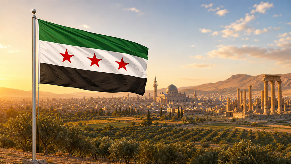 Flagge Syriens vor Olivenhainen der Orontes-Region, der Umayyaden-Moschee in Damaskus und den antiken Säulen von Palmyra in warmer Abendstimmung. Flagge Syriens vor Olivenhainen der Orontes-Region, der Umayyaden-Moschee in Damaskus und den antiken Säulen von Palmyra in warmer Abendstimmung.