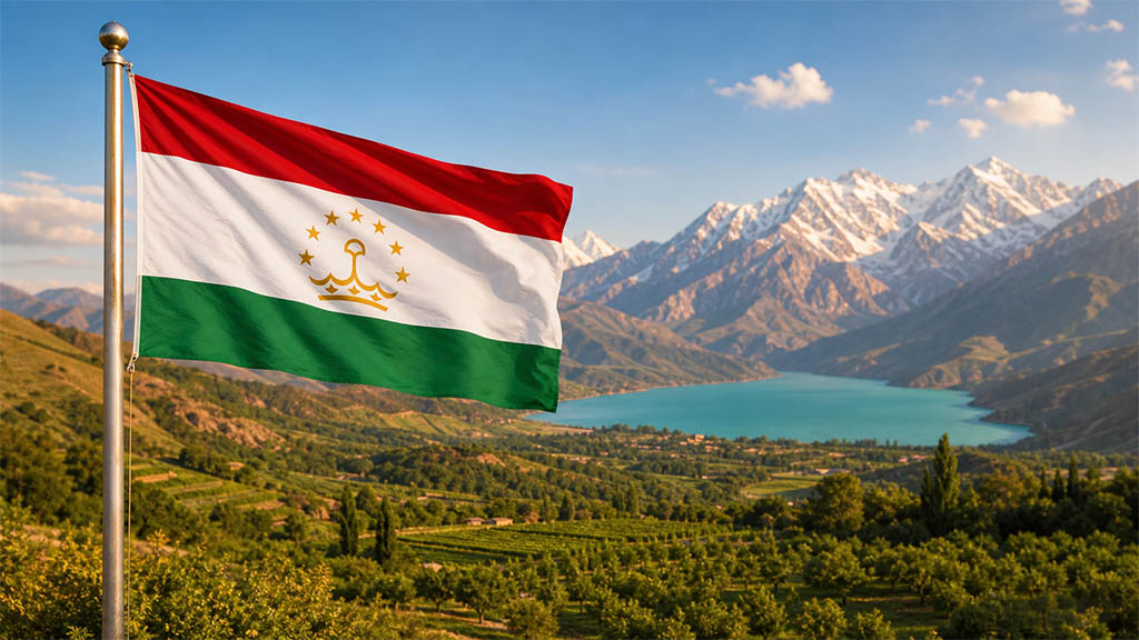 Flagge Tadschikistans vor dem Hissar-Tal, dem Iskanderkul-See und den schneebedeckten Gipfeln des Pamir-Gebirges in warmer Abendstimmung. Flagge Tadschikistans vor dem Hissar-Tal, dem Iskanderkul-See und den schneebedeckten Gipfeln des Pamir-Gebirges in warmer Abendstimmung.