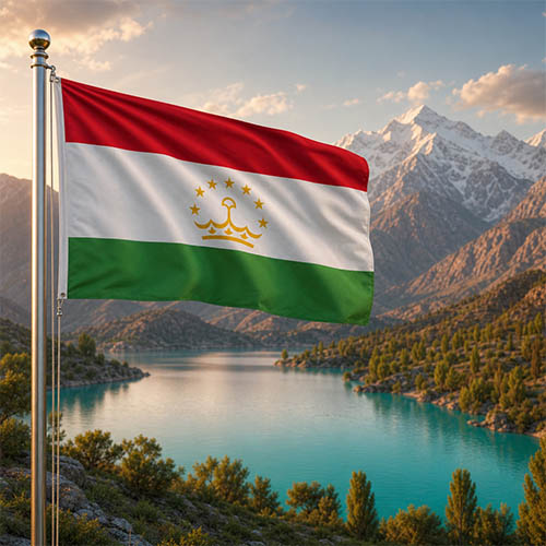 Tadschikistan Flagge - Bedeutung, Farben, Symbolik & Herkunft Flagge Tadschikistans vor dem Iskanderkul-See und den schneebedeckten Gipfeln des Pamir-Gebirges in warmer Abendstimmung.