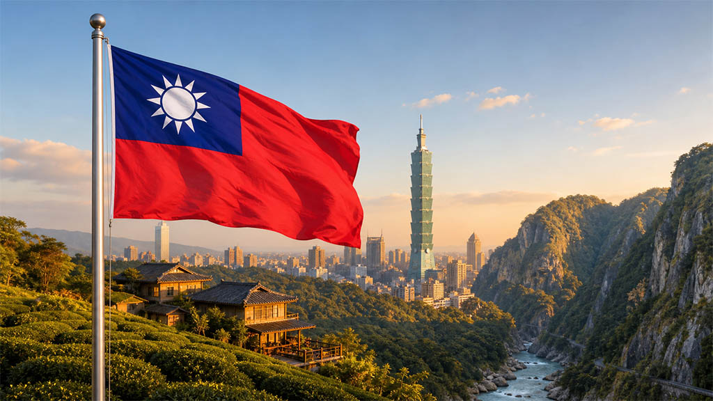 Flagge Taiwans vor Teeplantagen, Taipei 101, der Skyline von Taipeh und den Marmorschluchten des Taroko-Nationalparks in warmer Abendstimmung. Flagge Taiwans vor Teeplantagen, Taipei 101, der Skyline von Taipeh und den Marmorschluchten des Taroko-Nationalparks in warmer Abendstimmung.