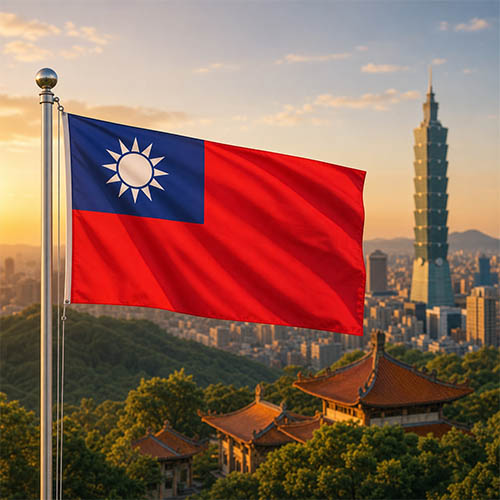 Republik Chinas (Taiwan) Flagge - Bedeutung, Farben, Symbolik & Herkunft Flagge Taiwans vor Taipei 101, der Skyline von Taipeh, traditionellen Tempeldächern und den Bergen des Yangmingshan-Nationalparks in warmer Abendstimmung.