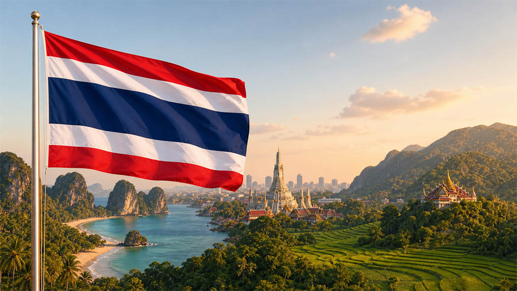 Flagge Thailands vor den Stränden der Andamanensee, dem Wat Arun, der Skyline von Bangkok sowie den Reisfeldern und Bergen Nordthailands in warmer Abendstimmung.