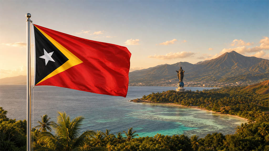 Flagge Timor-Lestes vor der tropischen Küste, der Cristo-Rei-Statue von Dili und dem Mount Ramelau in warmer Abendstimmung.