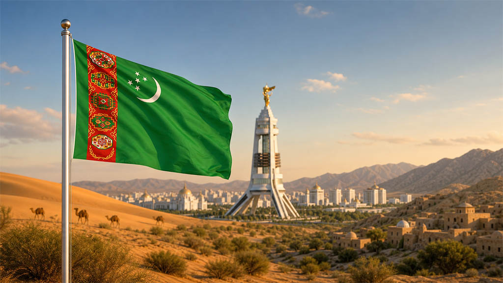 Flagge Turkmenistans vor der Karakum-Wüste, dem Neutralitätsdenkmal und der Skyline von Aschgabat sowie dem Kopet-Dag-Gebirge in warmer Abendstimmung.