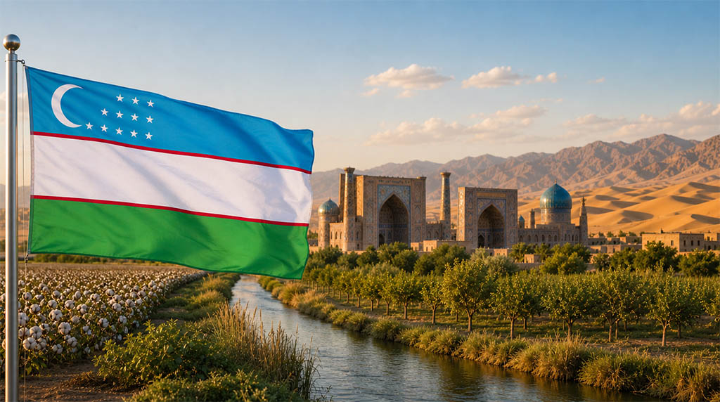 Flagge Usbekistans vor Baumwollfeldern, dem Registan-Platz in Samarkand und der Kysylkum-Wüste mit den Ausläufern des Serafschan-Gebirges in warmer Abendstimmung. Flagge Usbekistans vor Baumwollfeldern, dem Registan-Platz in Samarkand und der Kysylkum-Wüste mit den Ausläufern des Serafschan-Gebirges in warmer Abendstimmung.