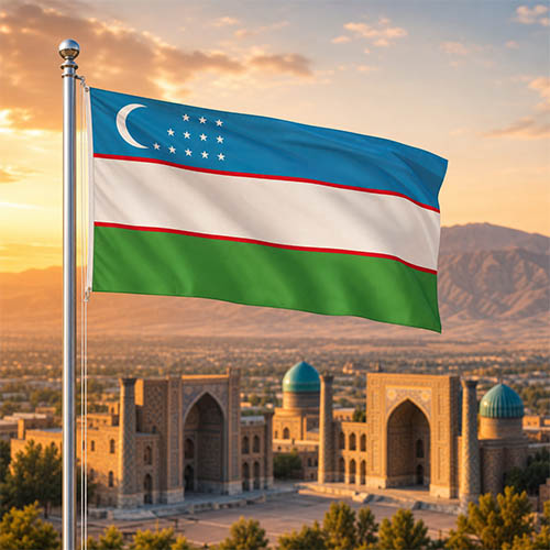 Usbekistan Flagge - Bedeutung, Farben, Symbolik & Herkunft Flagge Usbekistans vor dem Registan-Platz in Samarkand mit seinen türkisfarbenen Kuppeln und den Ausläufern des Serafschan-Gebirges in warmer Abendstimmung.