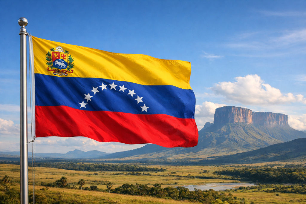 Venezuelas Nationalflagge mit Staatswappen vor weiter Landschaft Venezuelas mit Bergen und Natur.
