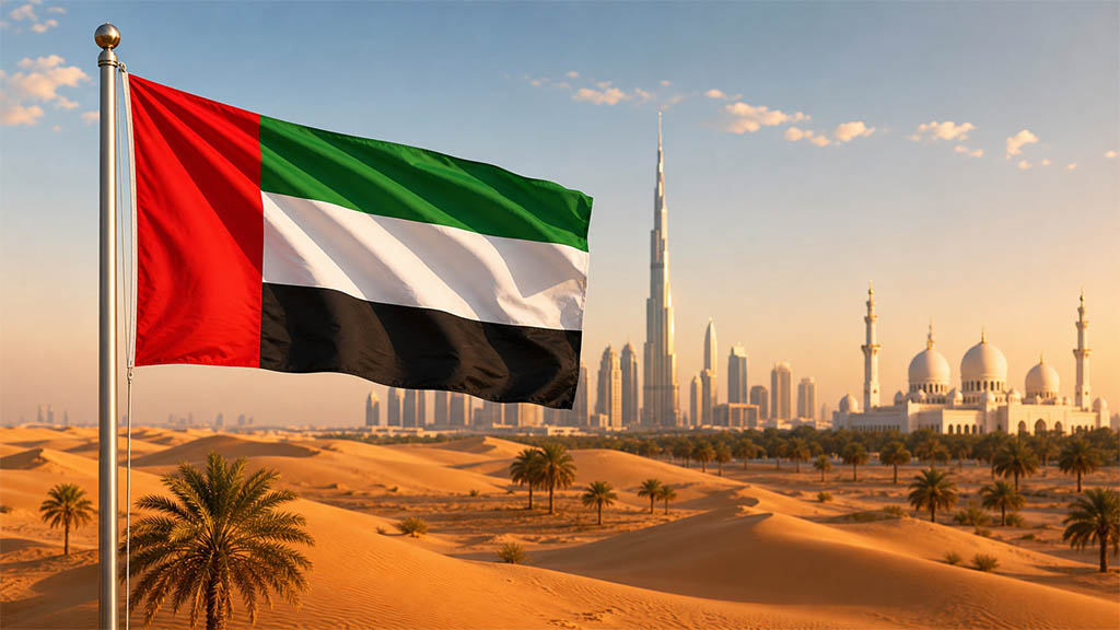 Flagge der Vereinigten Arabischen Emirate vor der Rub-al-Chali-Wüste, dem Burj Khalifa, der Skyline von Dubai und der Sheikh Zayed Moschee in warmer Abendstimmung.